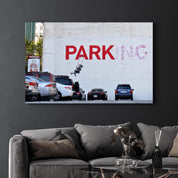 Banksy - Parking | Designer's Collection Glass Wall Art - Artdesigna