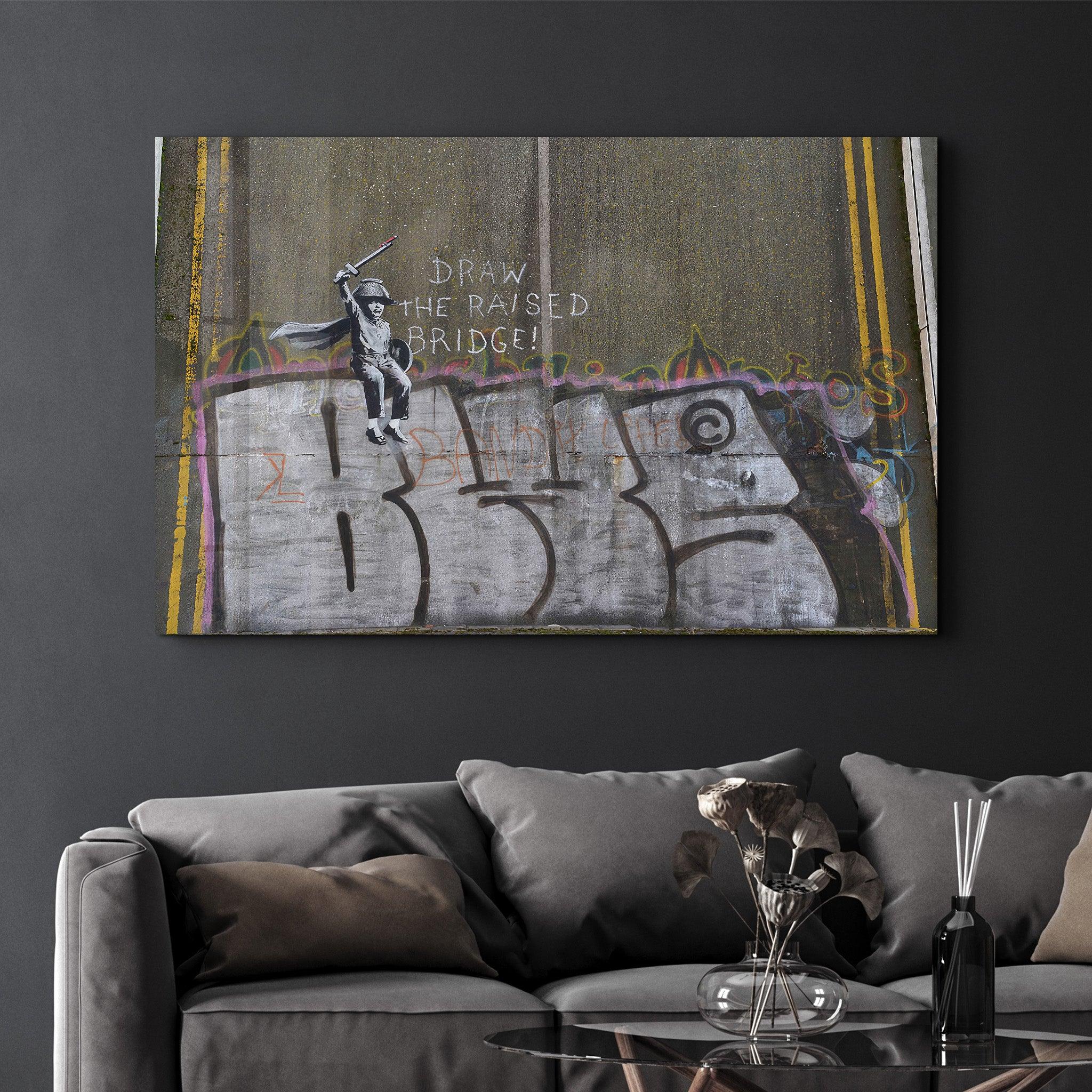 Banksy - Draw the Raised Bridge | Designer's Collection Glass Wall Art - Artdesigna