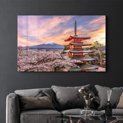 Fujiyoshida, Japan at Chureito Pagoda and Mt. Fuji in the spring with cherry blossoms | Glass Wall Art - Artdesigna