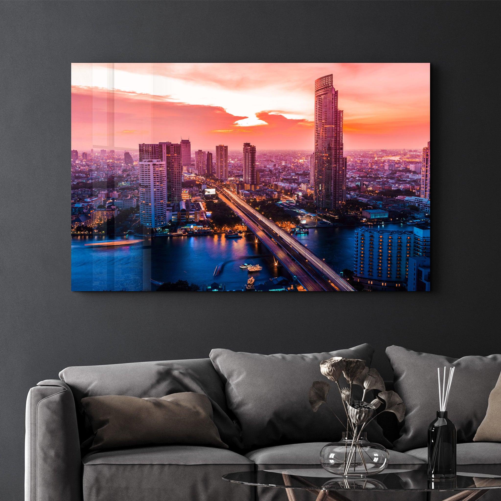 Beautiful cityscape Bangkok business district and residential. In the twilight, Thailand | Glass Wall Art - Artdesigna