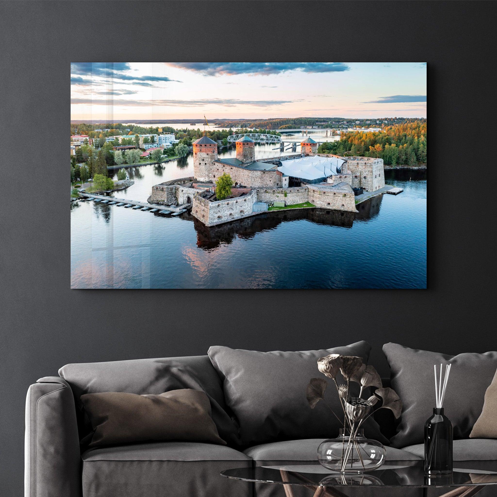 Aerial view of Olavinlinna medieval castle in Savonlinna, Finland | Glass Wall Art - Artdesigna