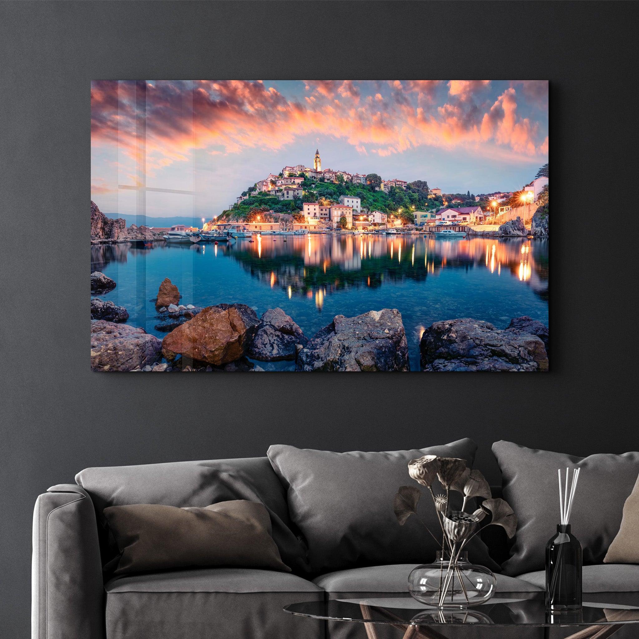 Breathtaking evening cityscape of Vrbnik town | Glass Wall Art - Artdesigna