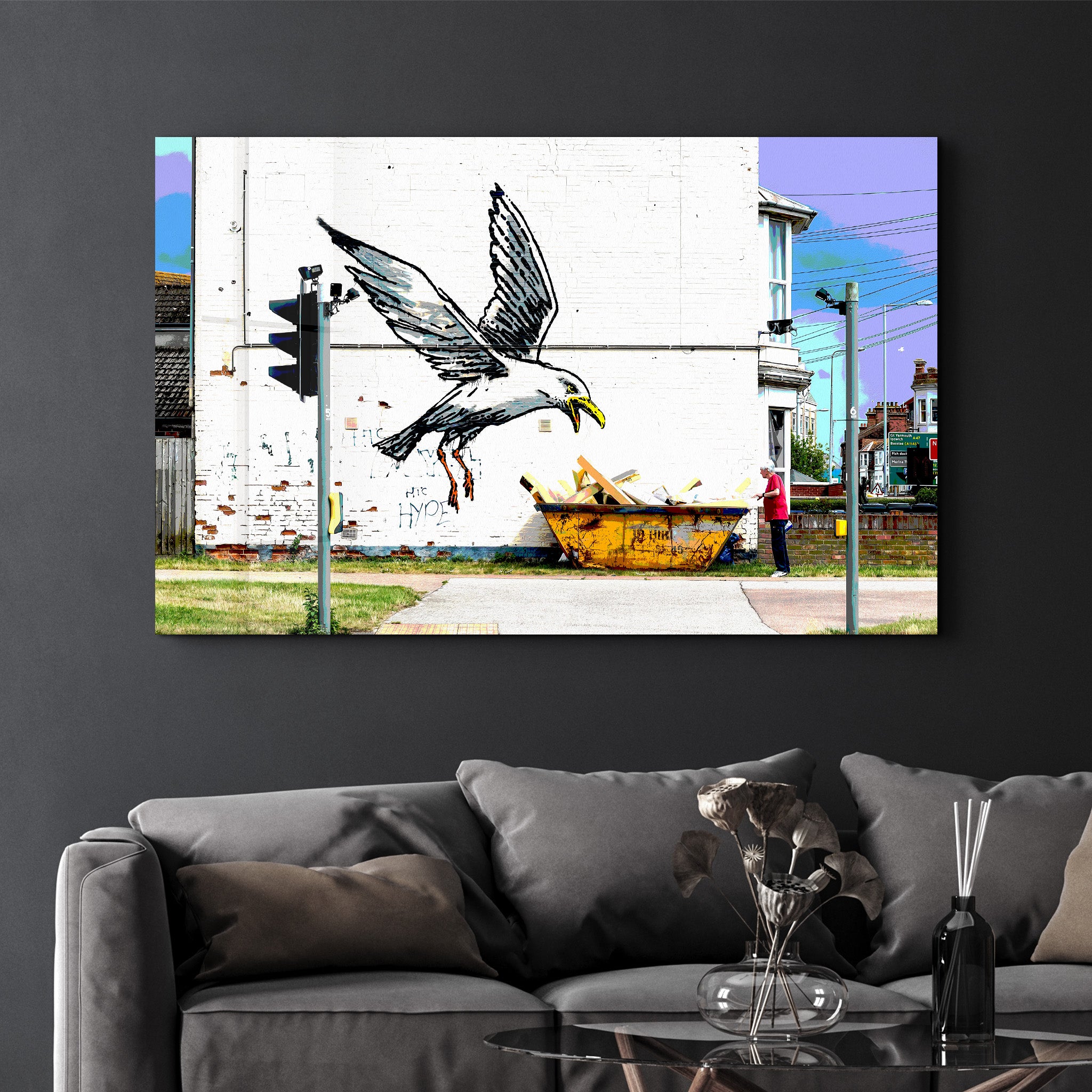 Banksy - Seagull on Garbage Container- Glass Wall Art - Artdesigna