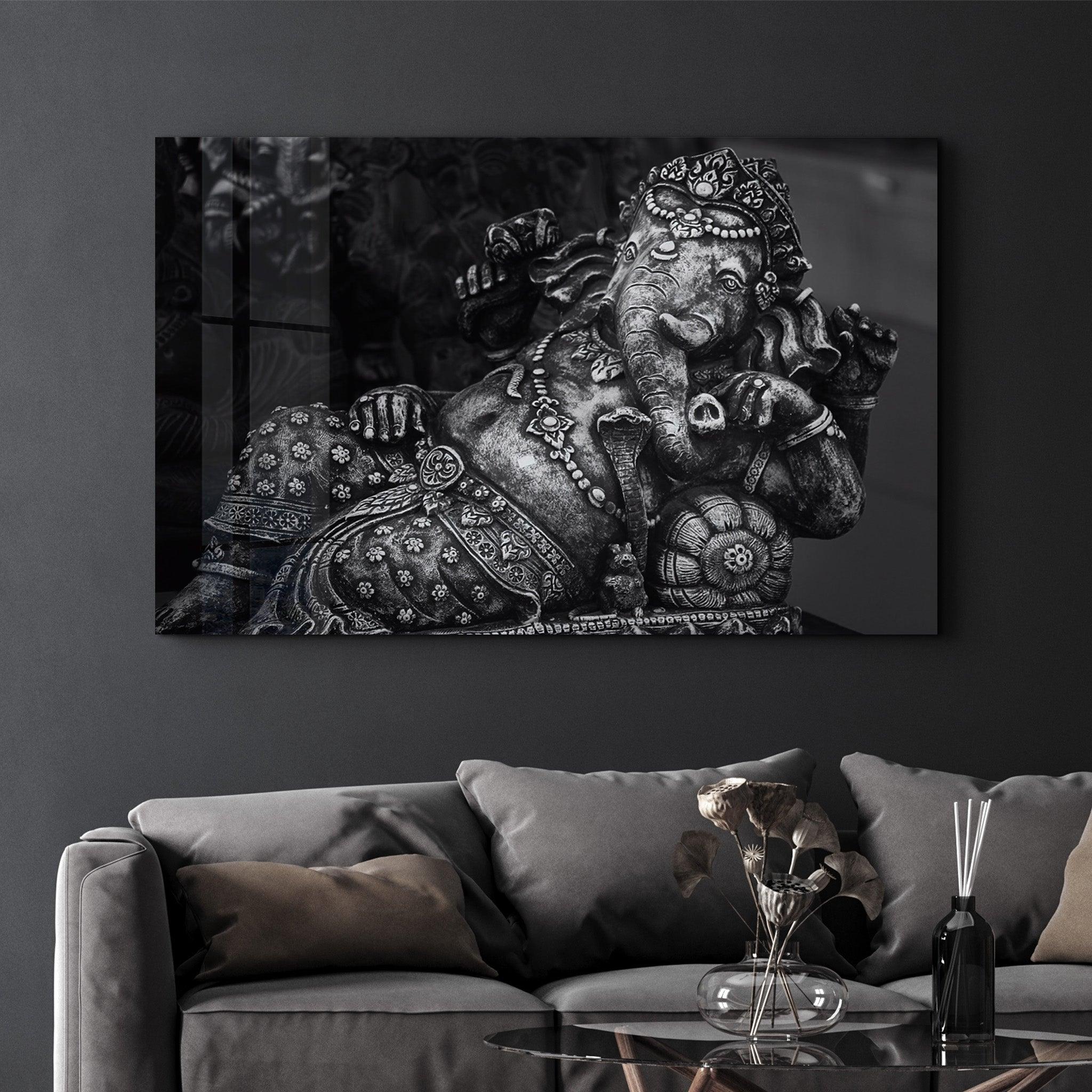 Lord Ganesha Sculpture B&W | Glass Wall Art - Artdesigna