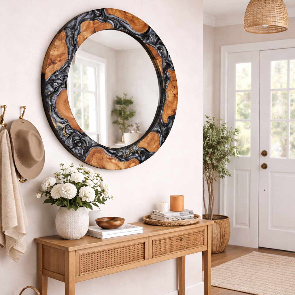 Black Diamond epoxy and olive wood wall art mirror by Artdesigna featuring a unique geometric wood and epoxy design.