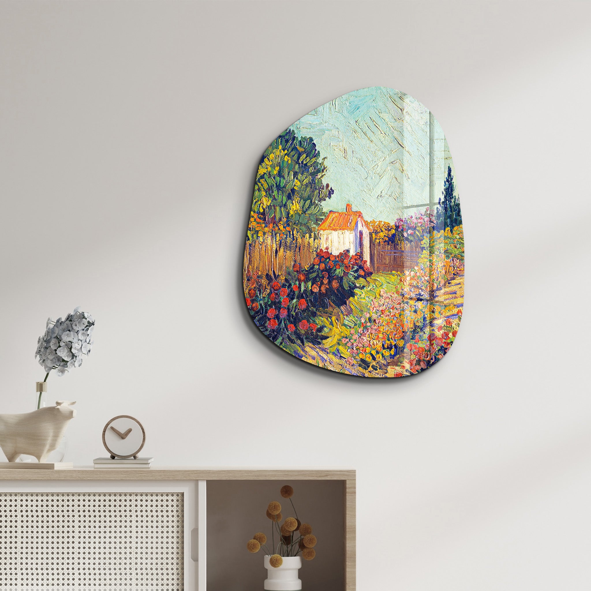 Glass wall art by Artdesigna featuring a Cottage Bloom Amorphous design with colorful, abstract floral patterns on clear glass.