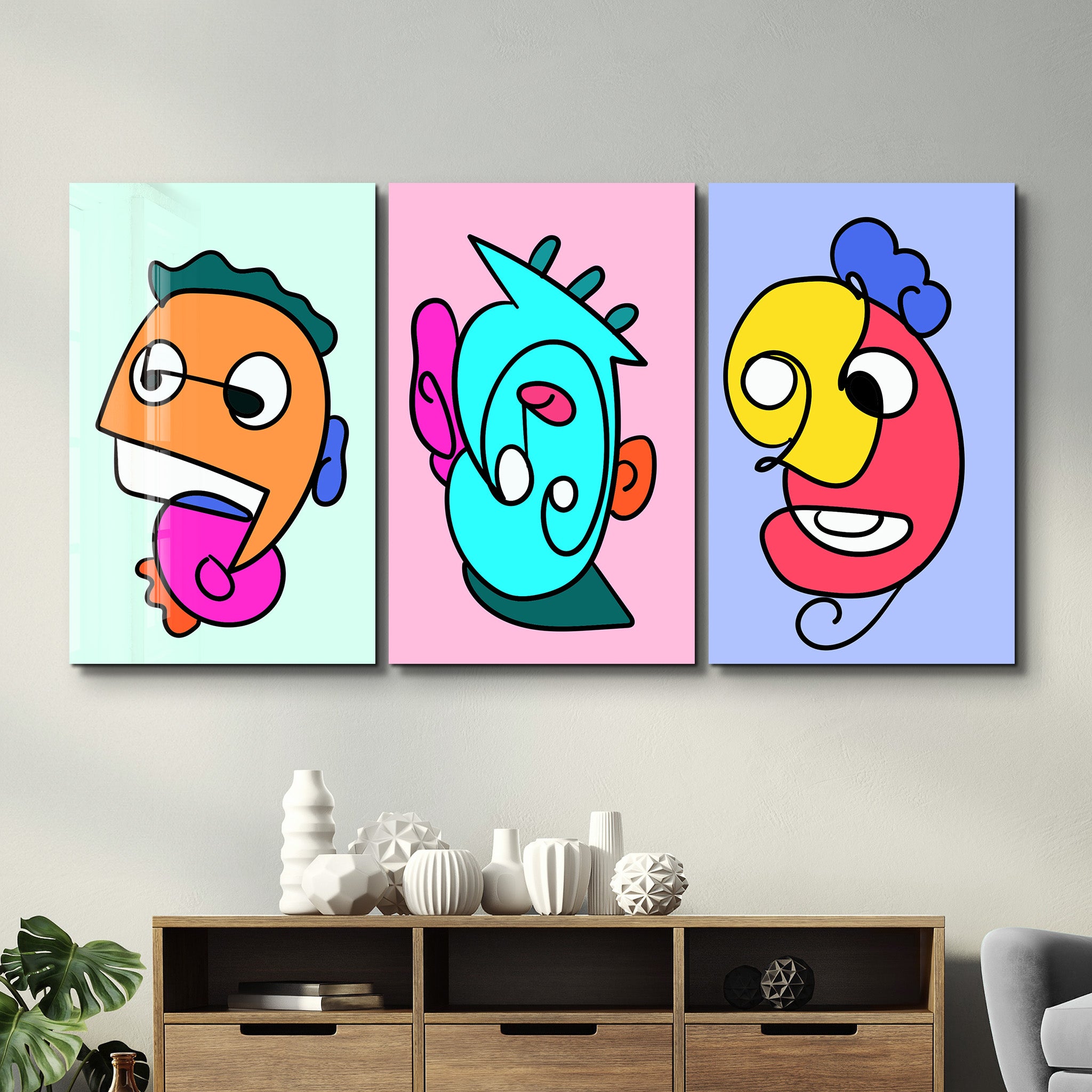 Cartoon Color Pop Faces Trio - Glass Wall Art