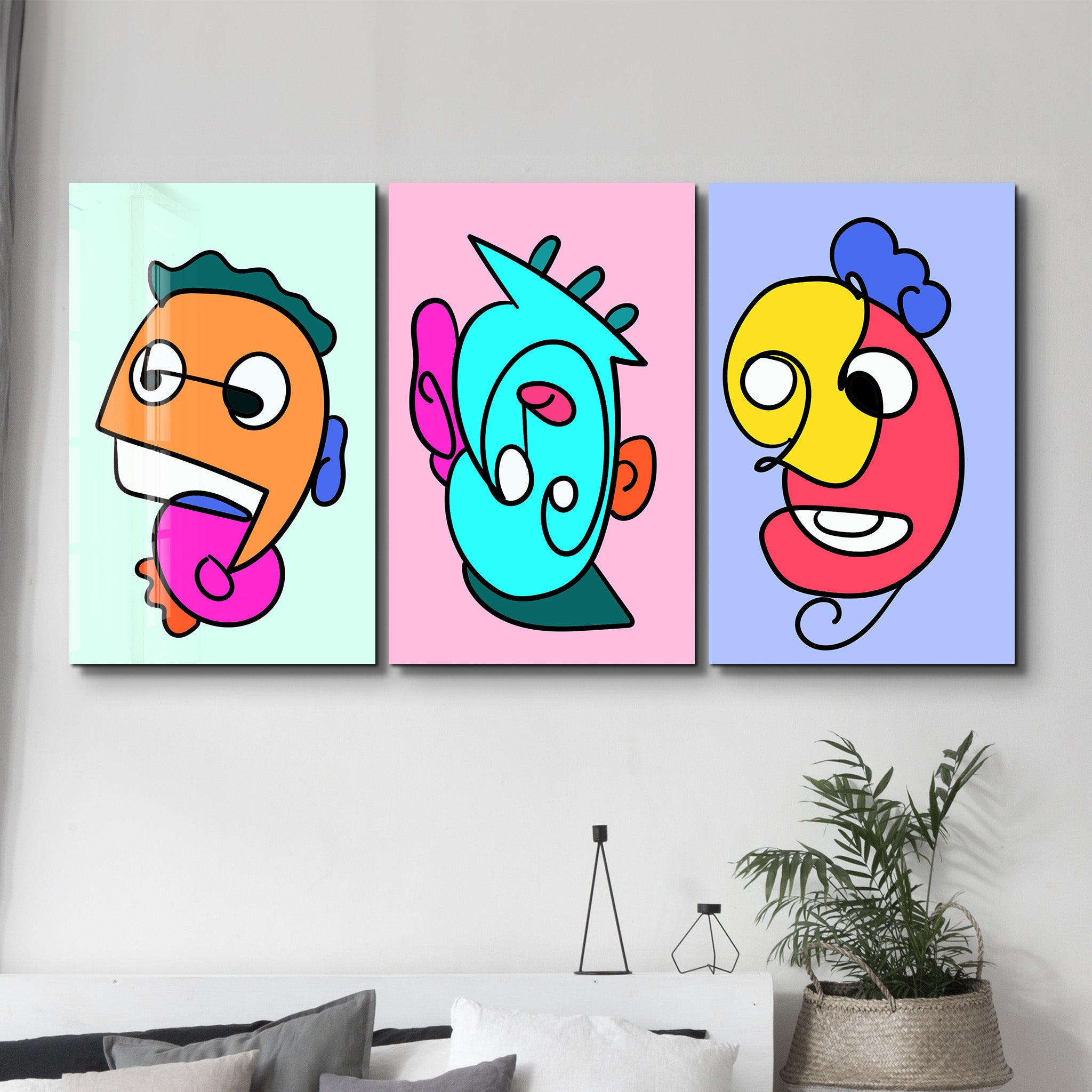 Cartoon Color Pop Faces Trio - Glass Wall Art