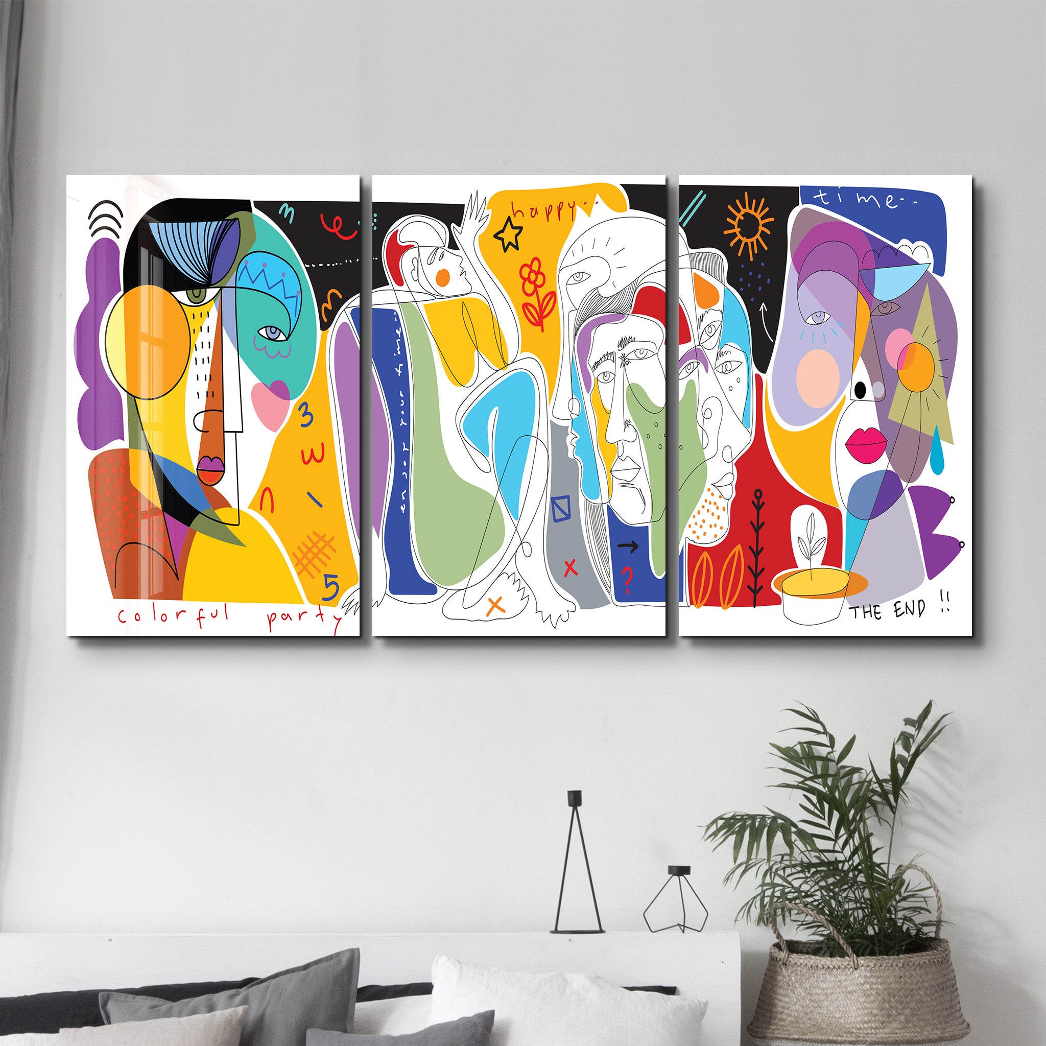 Colorful Party Abstract Faces Trio - Glass Wall Art