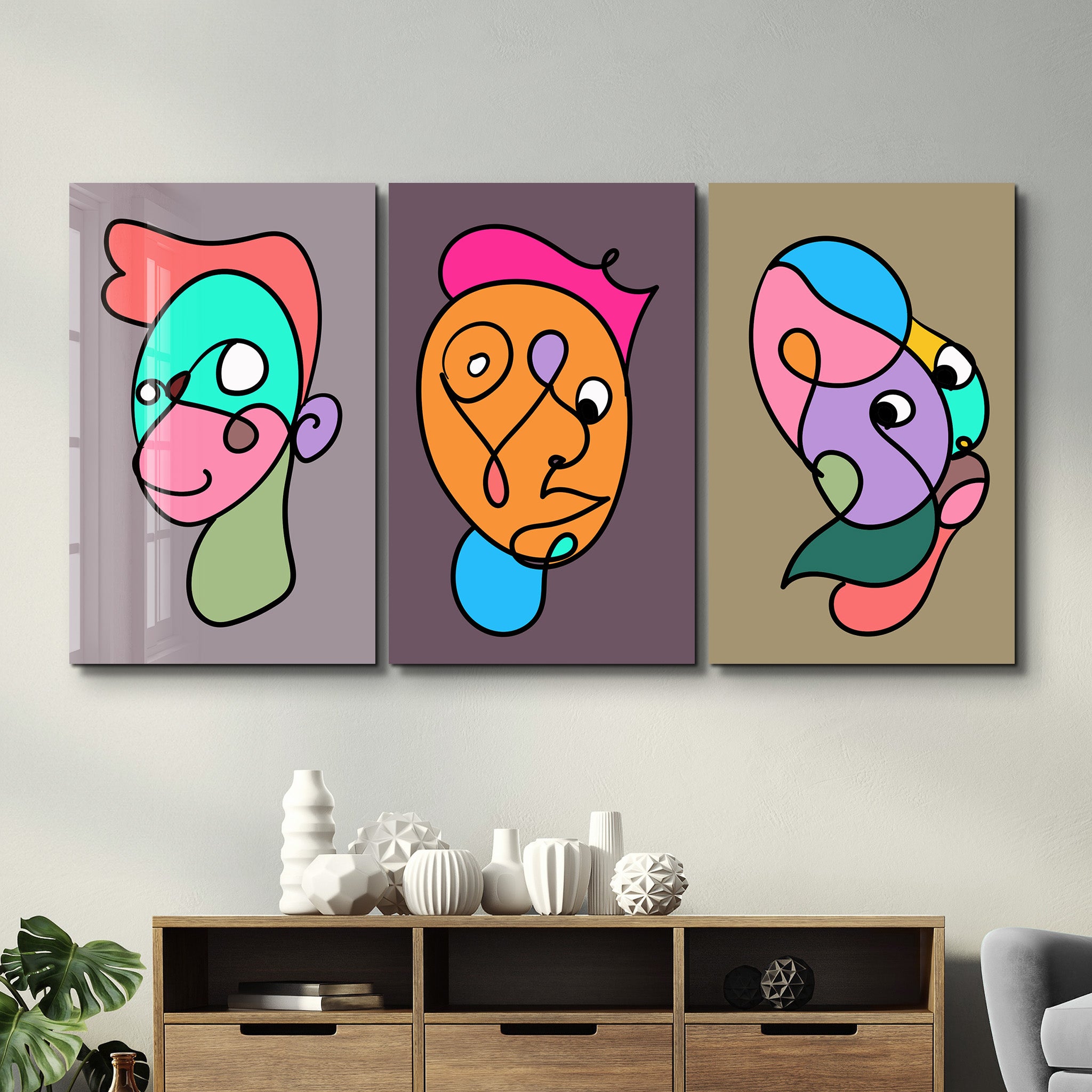 Funky Faces Trio in Continuous Line - Glass Wall Art