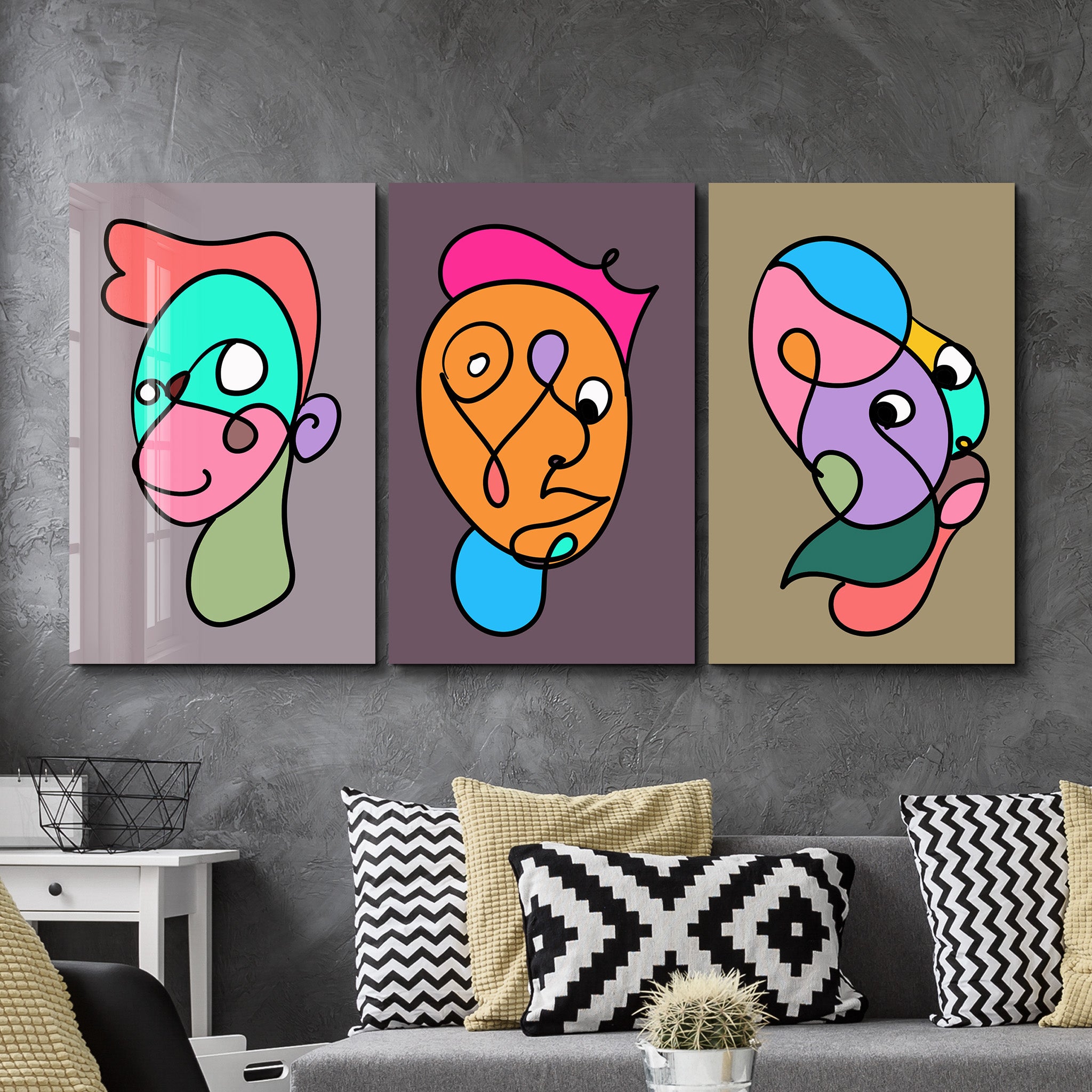 Funky Faces Trio in Continuous Line - Glass Wall Art