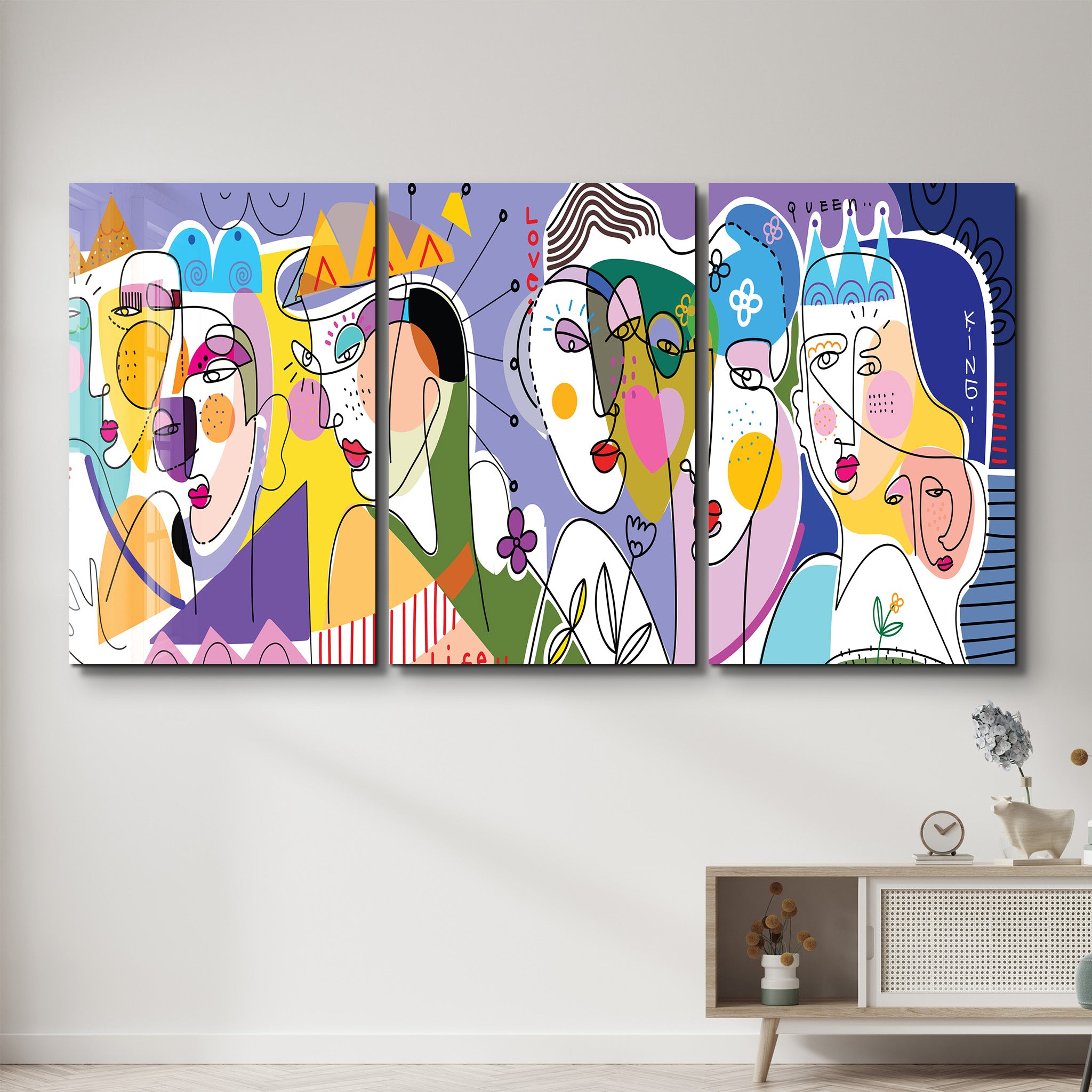 Royal Abstract Faces Trio - Glass Wall Art