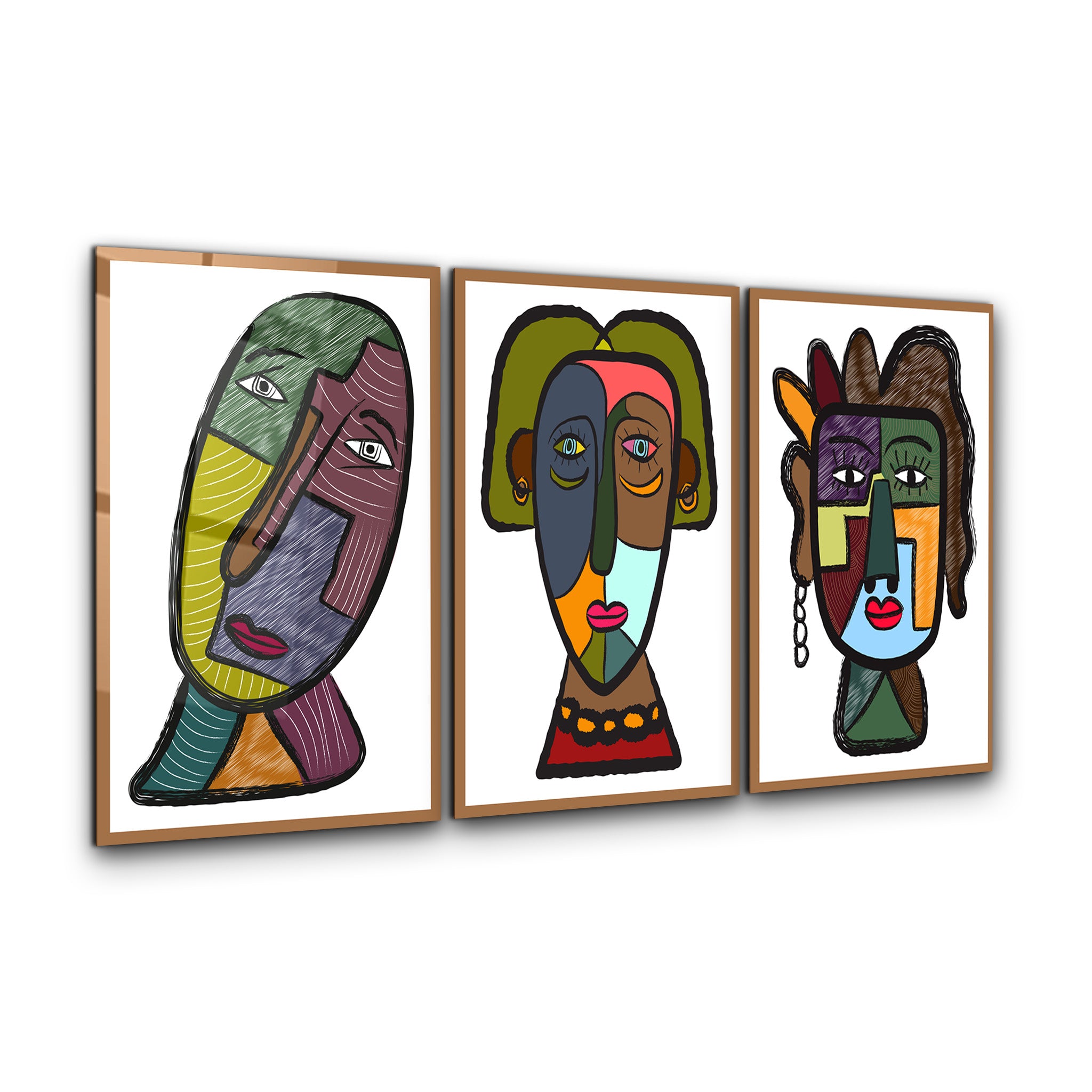 Tribal-Inspired Modern Faces Trio - Glass Wall Art