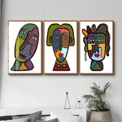 Tribal-Inspired Modern Faces Trio - Glass Wall Art