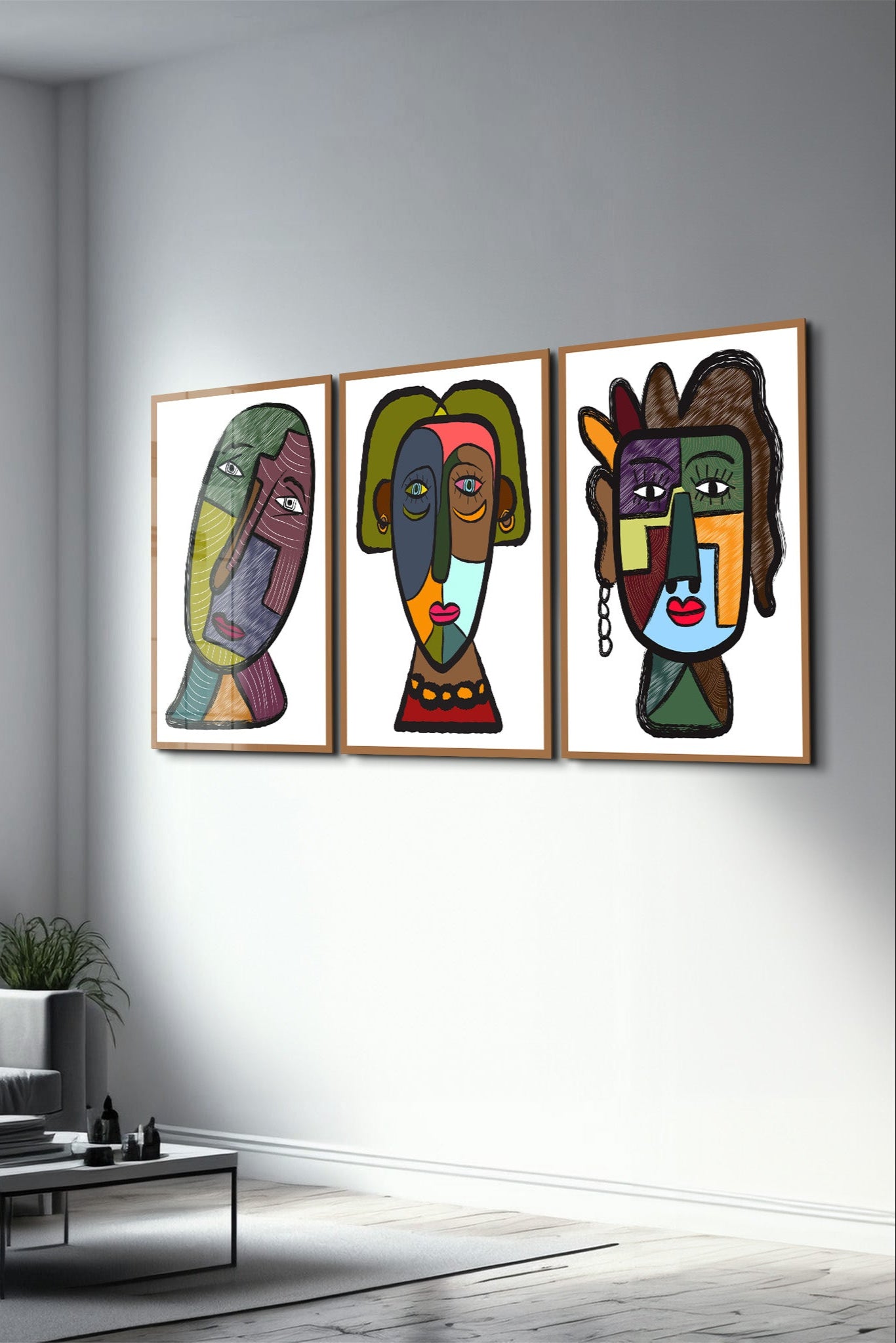 Tribal-Inspired Modern Faces Trio - Glass Wall Art