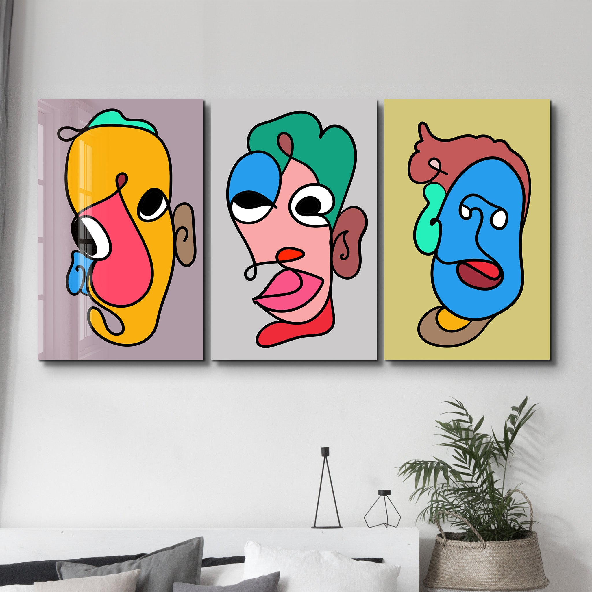Whimsical Faces in Motion Trio - Glass Wall Art