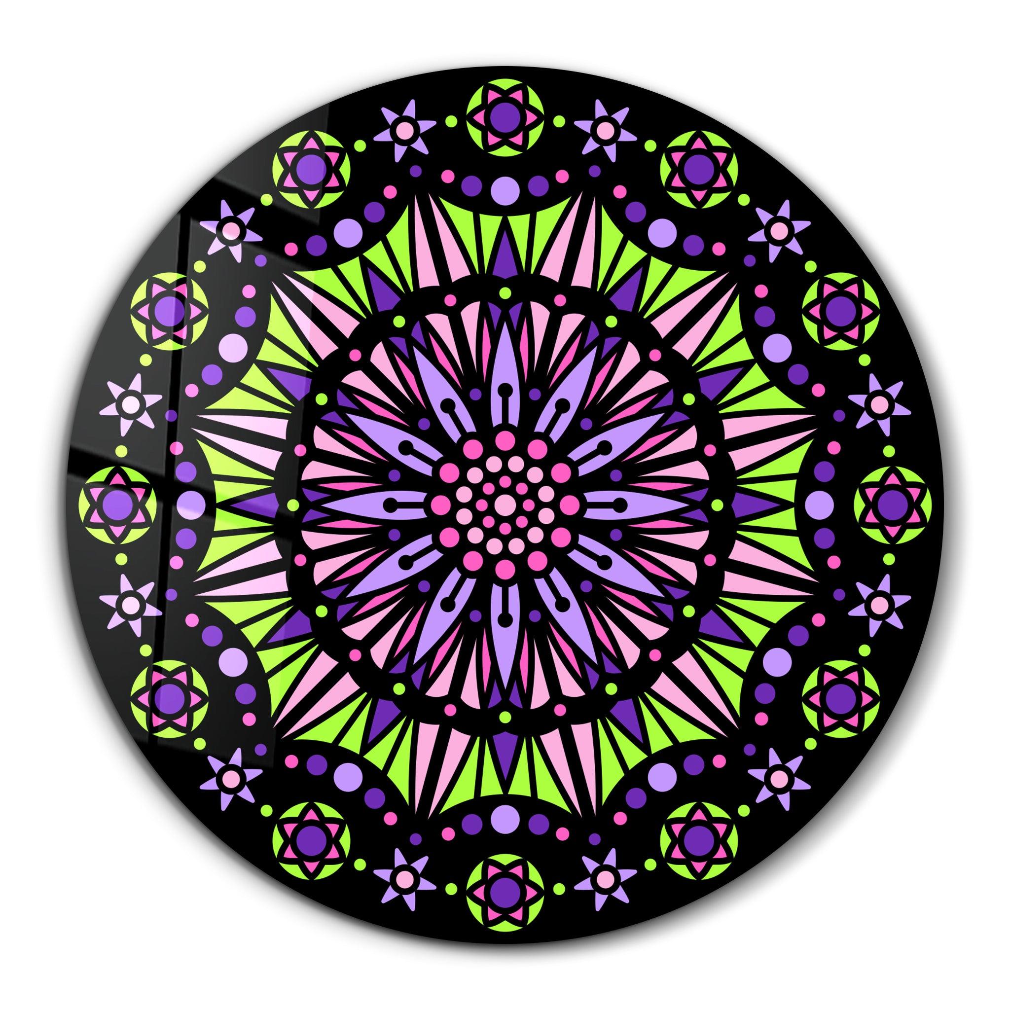 Neon Mandala Harmony | Rounded Glass Wall Art