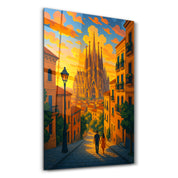 Glass wall art titled Barcelona Lights by HMZ, featuring vibrant glass design showcasing city lights, by Artdesigna.