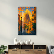 Glass wall art titled Barcelona Lights by HMZ, featuring vibrant glass artwork depicting city lights, by Artdesigna.