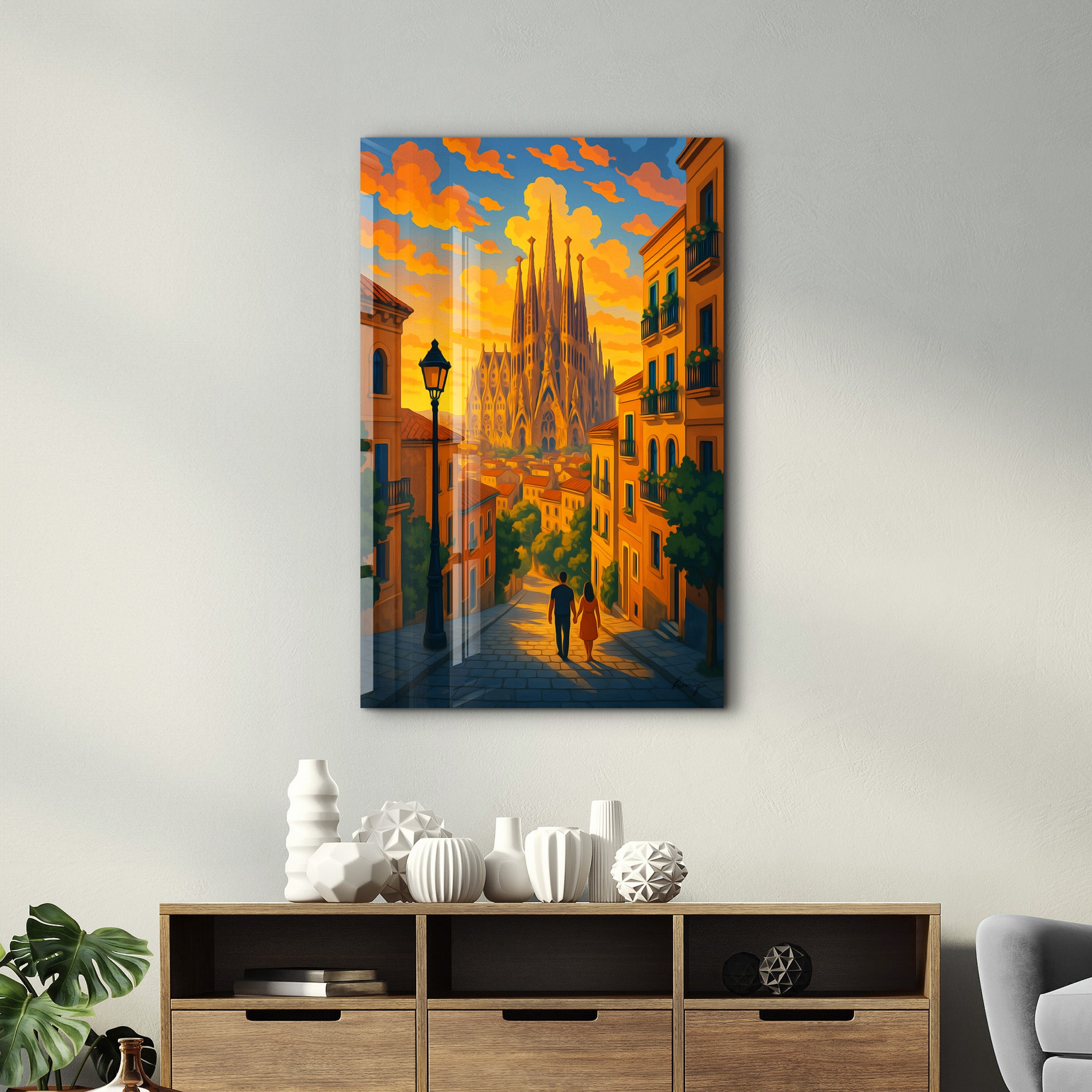 Glass wall art titled Barcelona Lights by HMZ, featuring vibrant glass artwork depicting city lights, by Artdesigna.