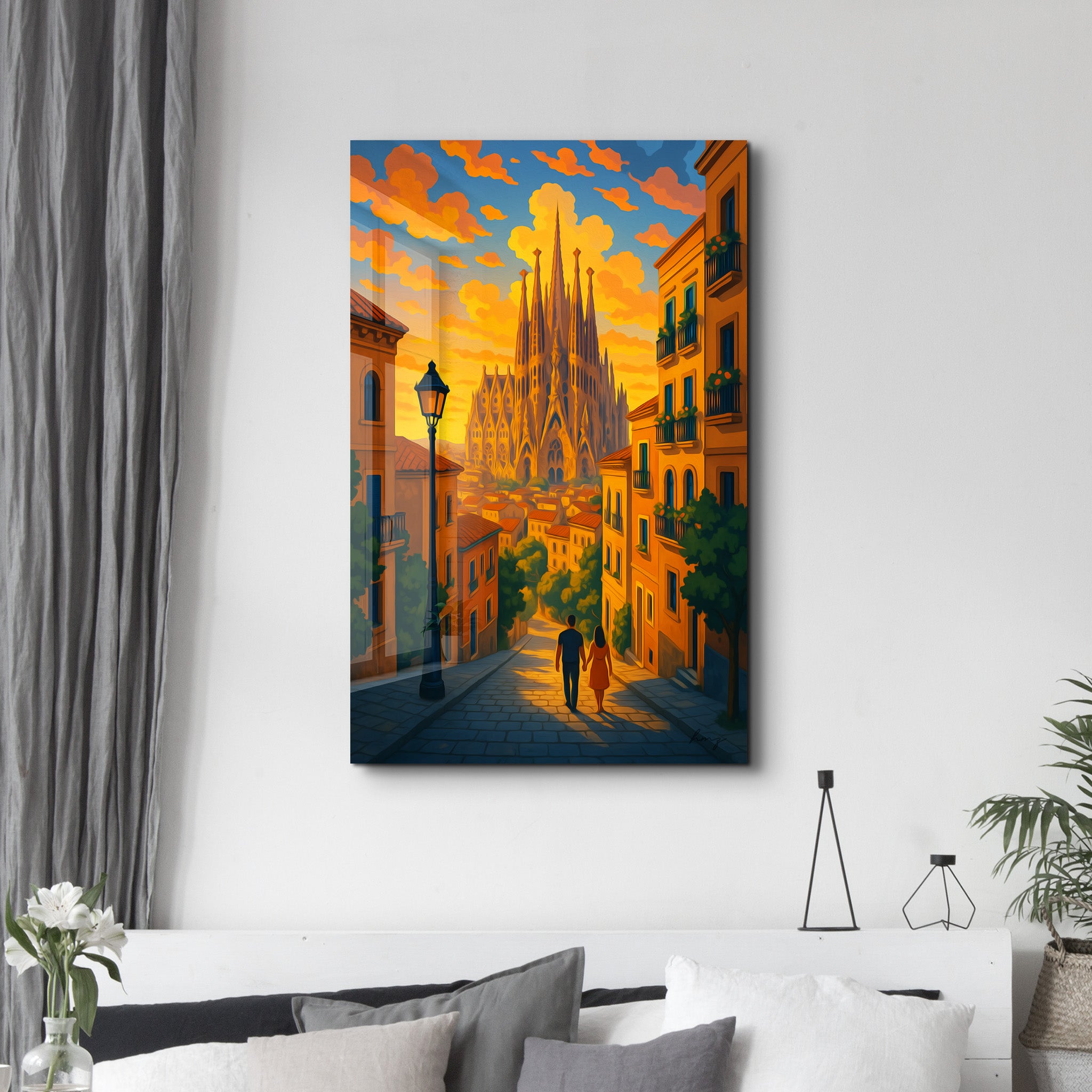 Glass wall art titled Barcelona Lights by HMZ, featuring vibrant glass artwork with cityscape scenes, by Artdesigna.