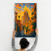 Glass wall art featuring Barcelona lights by HMZ, designed by Artdesigna, showcasing vibrant cityscape imagery on clear glass.
