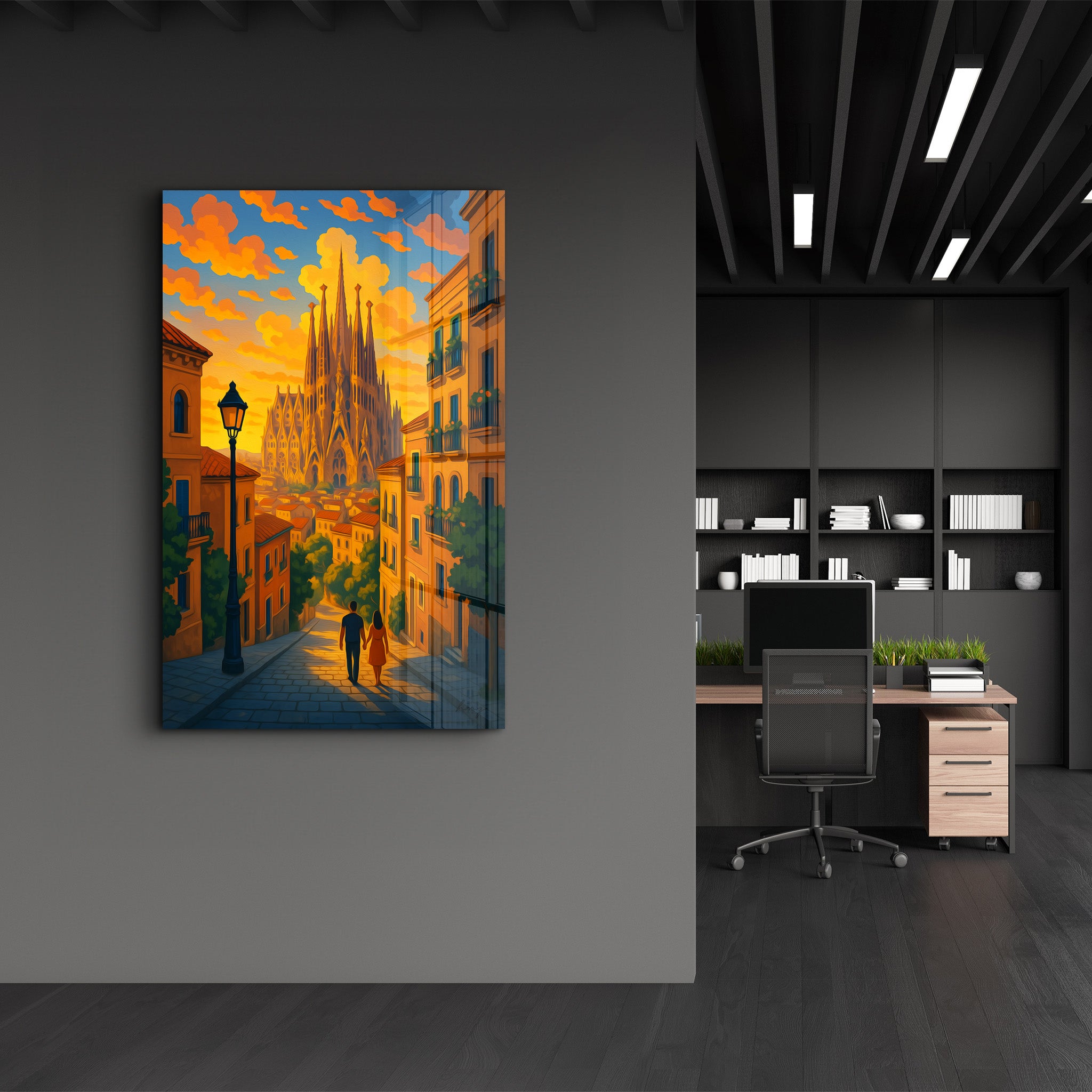 Glass wall art featuring vibrant Barcelona lights design by HMZ, displayed on a modern wall, from Artdesigna.