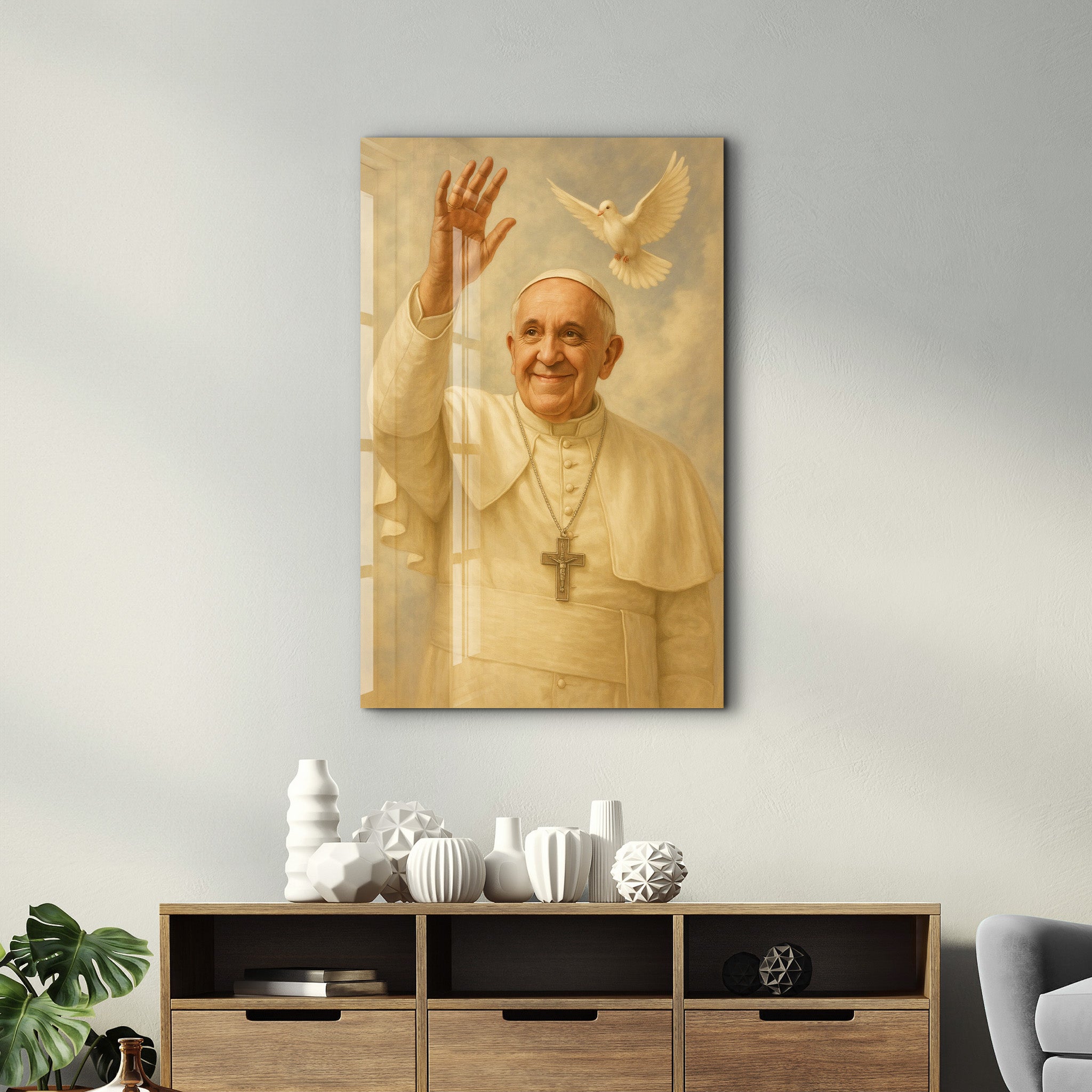 Blessings and Peace Papal portrait glass wall art by Artdesigna, featuring a serene papal image on clear glass for elegant wall decor.