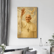 Artdesigna glass wall art featuring a Blessings and Peace Papal portrait, displayed on a wall, showcasing detailed religious artwork.