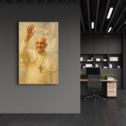 Glass wall art featuring a Blessings and Peace Papal portrait by Artdesigna, decorative religious glass wall decor.