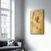 Glass wall art featuring a Blessings and Peace Papal portrait by Artdesigna, showcasing detailed religious artwork on clear glass.
