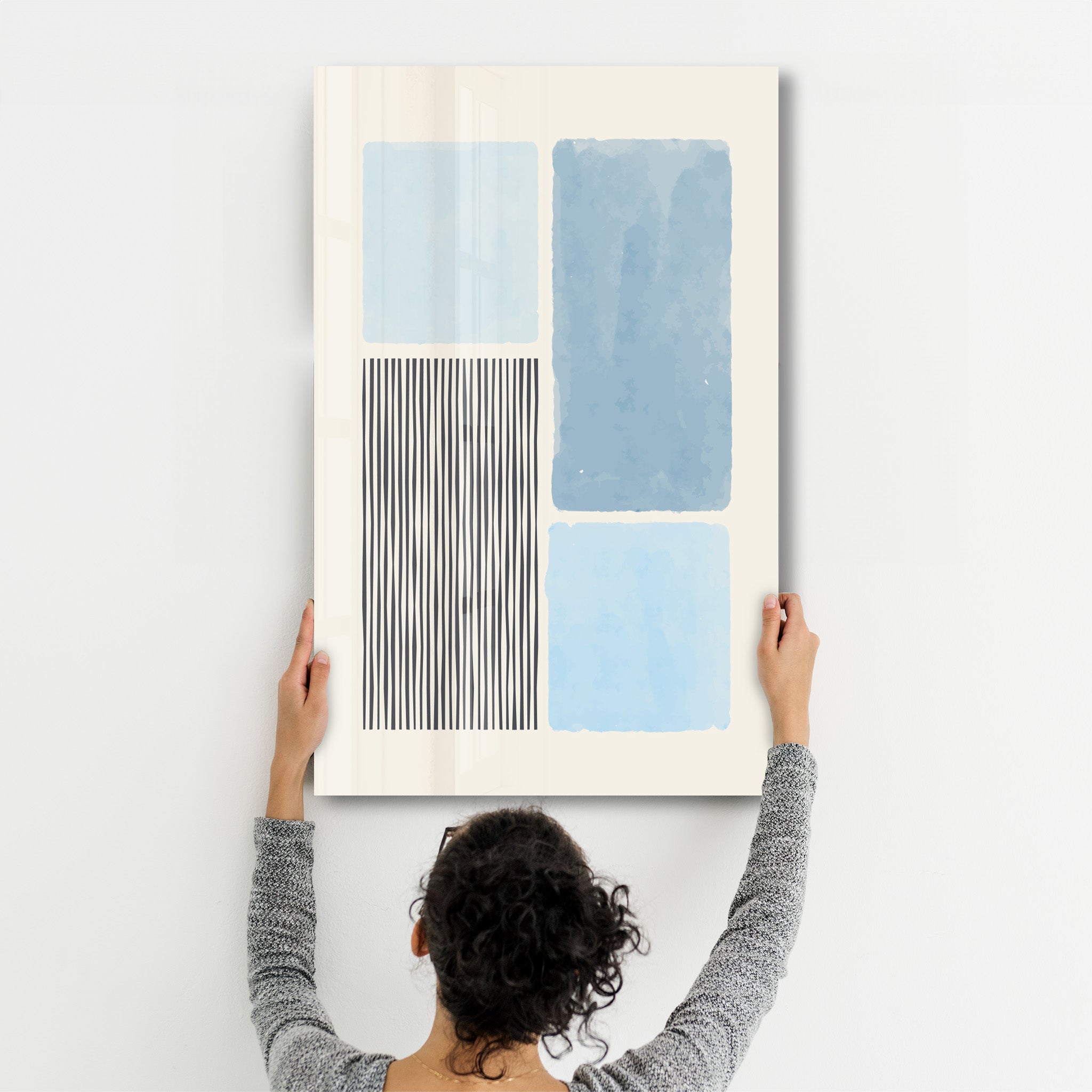 Blue Blocks with Linear Contrast - Glass Wall Art