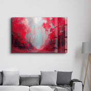Crimson Passage – A Forest of Light and Flame - Glass Wall Art