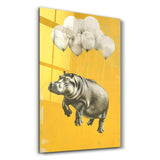 Hippo Rising with Balloons - Glass Wall Art