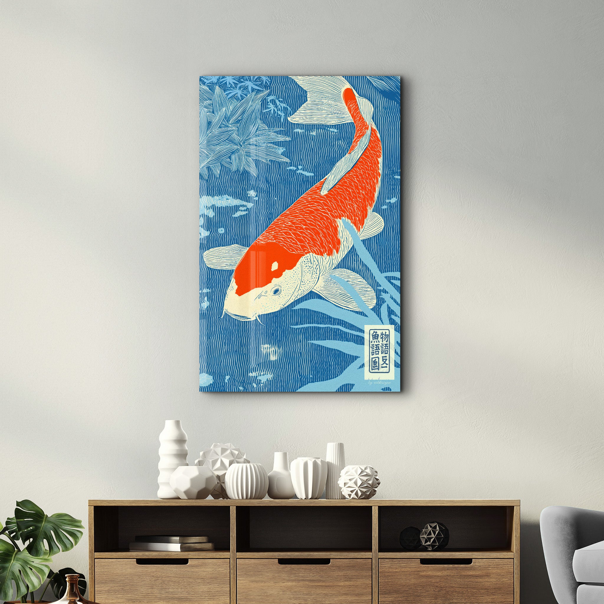 Koi Fish in Blue Water - Glass Wall Art