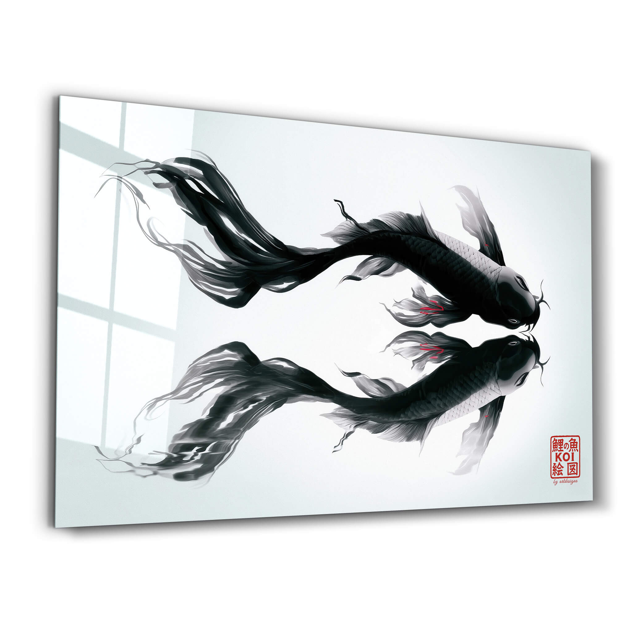 Mirror Currents – Dual Koi Fish in Harmony - Glass Wall Art