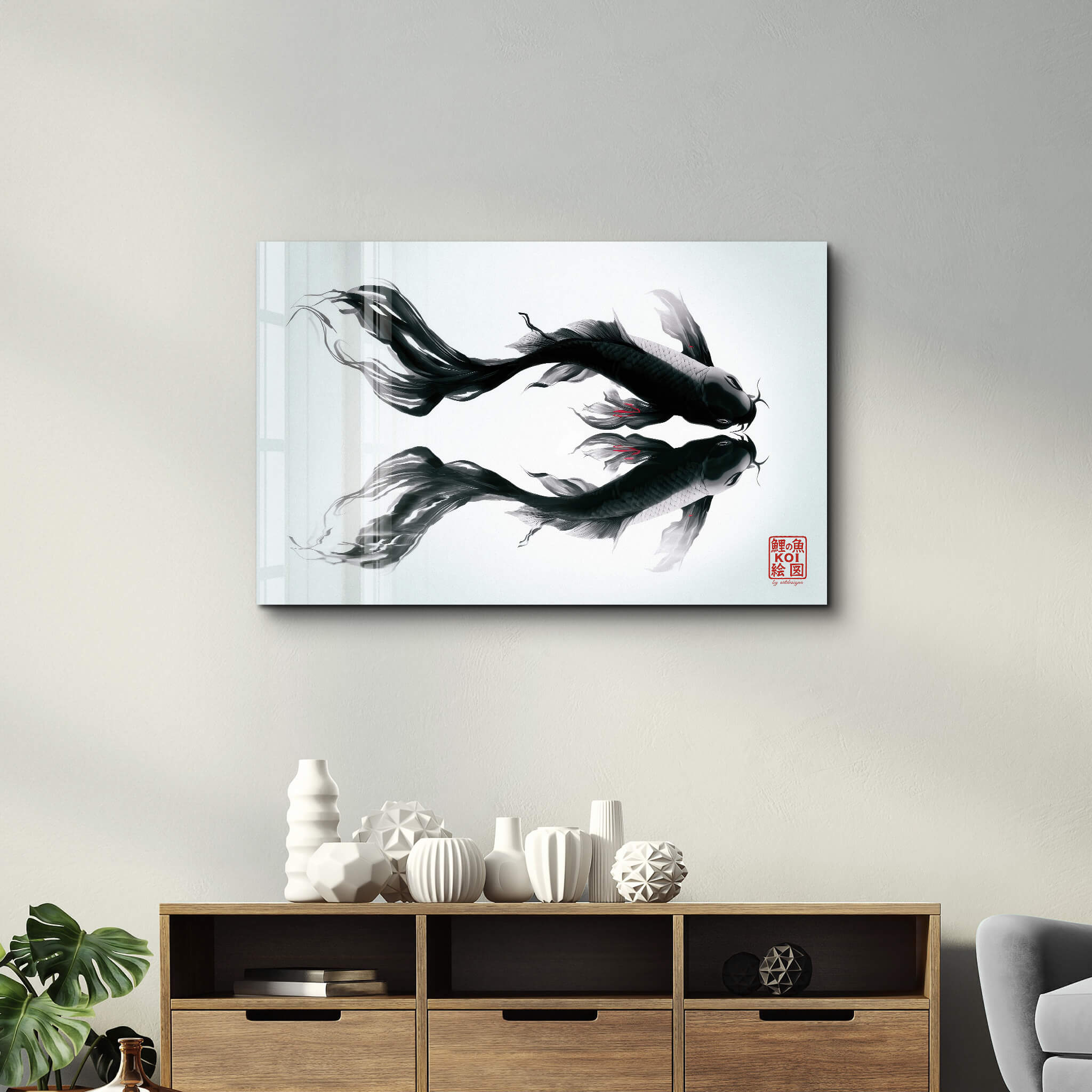 Mirror Currents – Dual Koi Fish in Harmony - Glass Wall Art