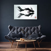Mirror Currents – Dual Koi Fish in Harmony - Glass Wall Art