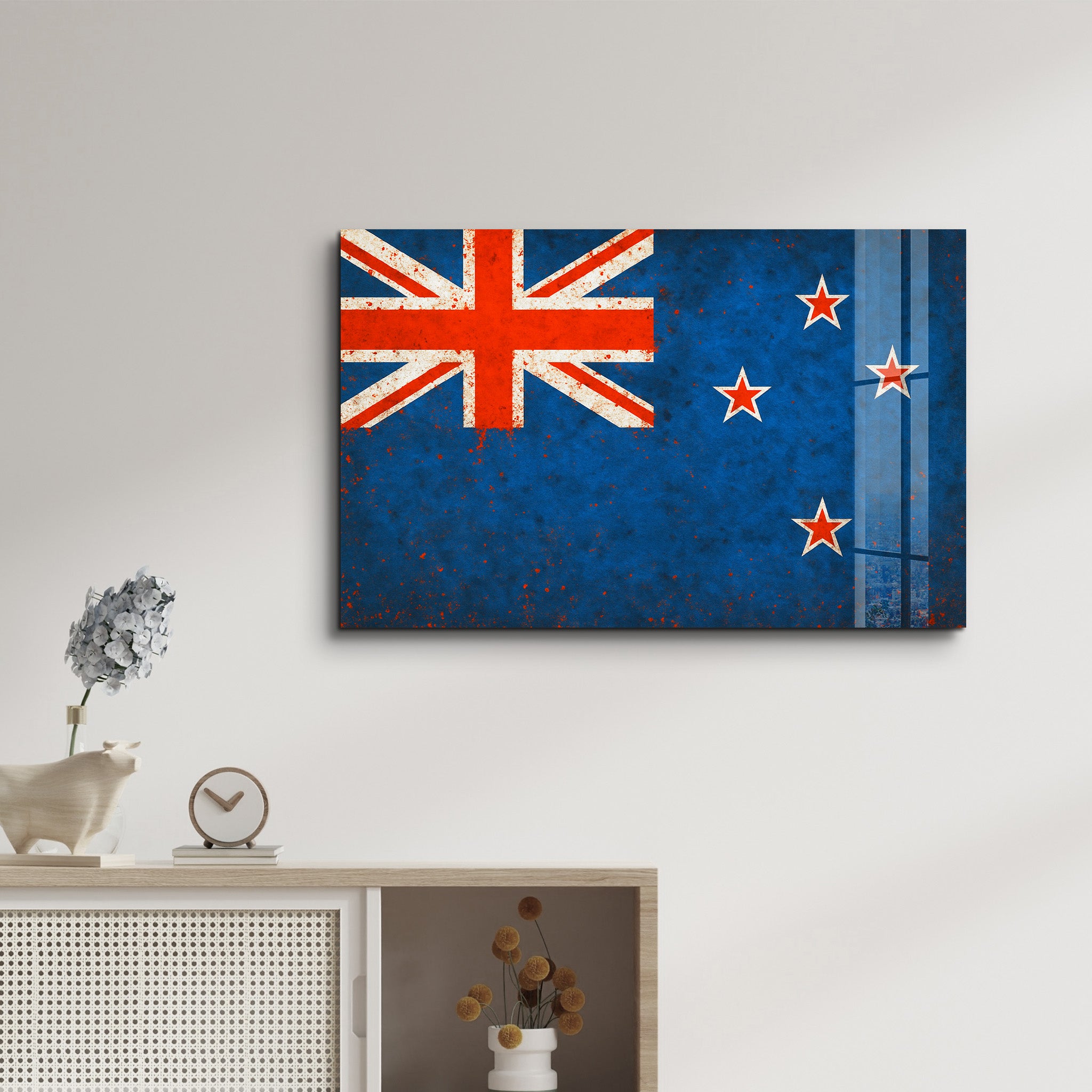 New Zealand Flag splash glass wall art by Artdesigna, vibrant colorful design on clear glass for modern wall decoration