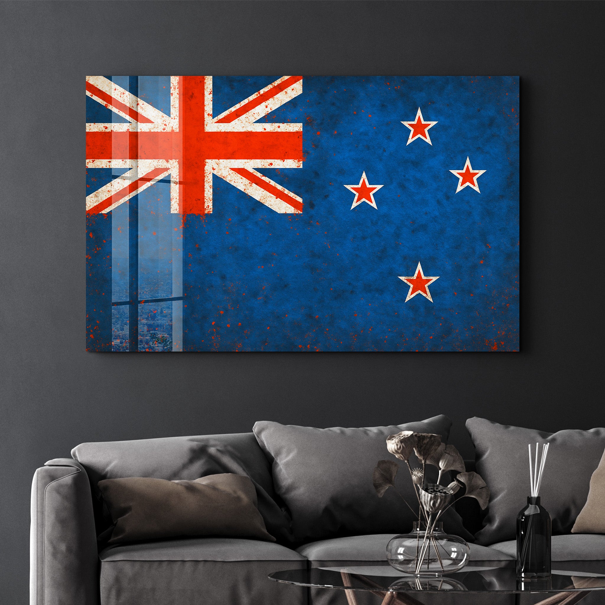 New Zealand Flag Splash glass wall art by Artdesigna, featuring vibrant flag design on clear glass panel.