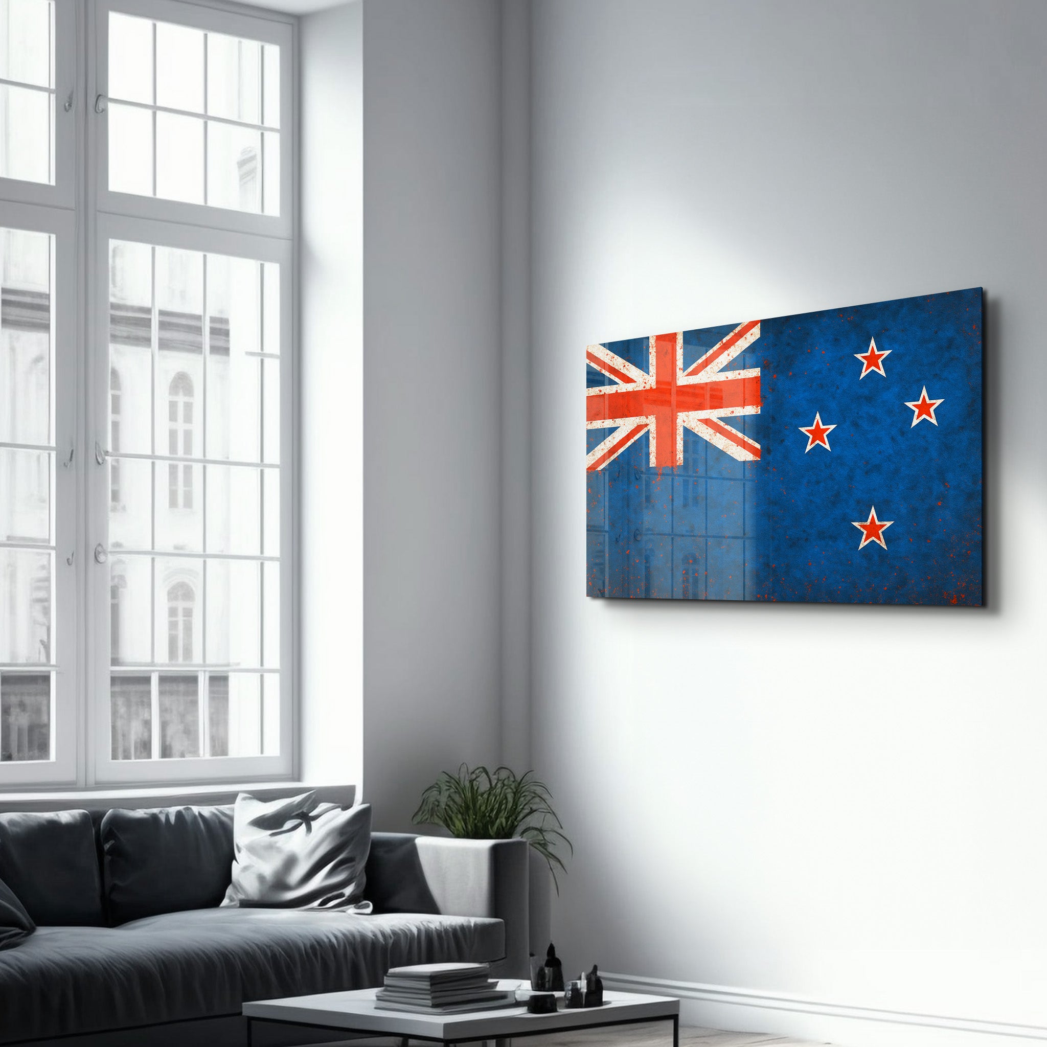 Glass wall art featuring a New Zealand flag splash design by Artdesigna, showcasing vibrant colors and modern glass craftsmanship.