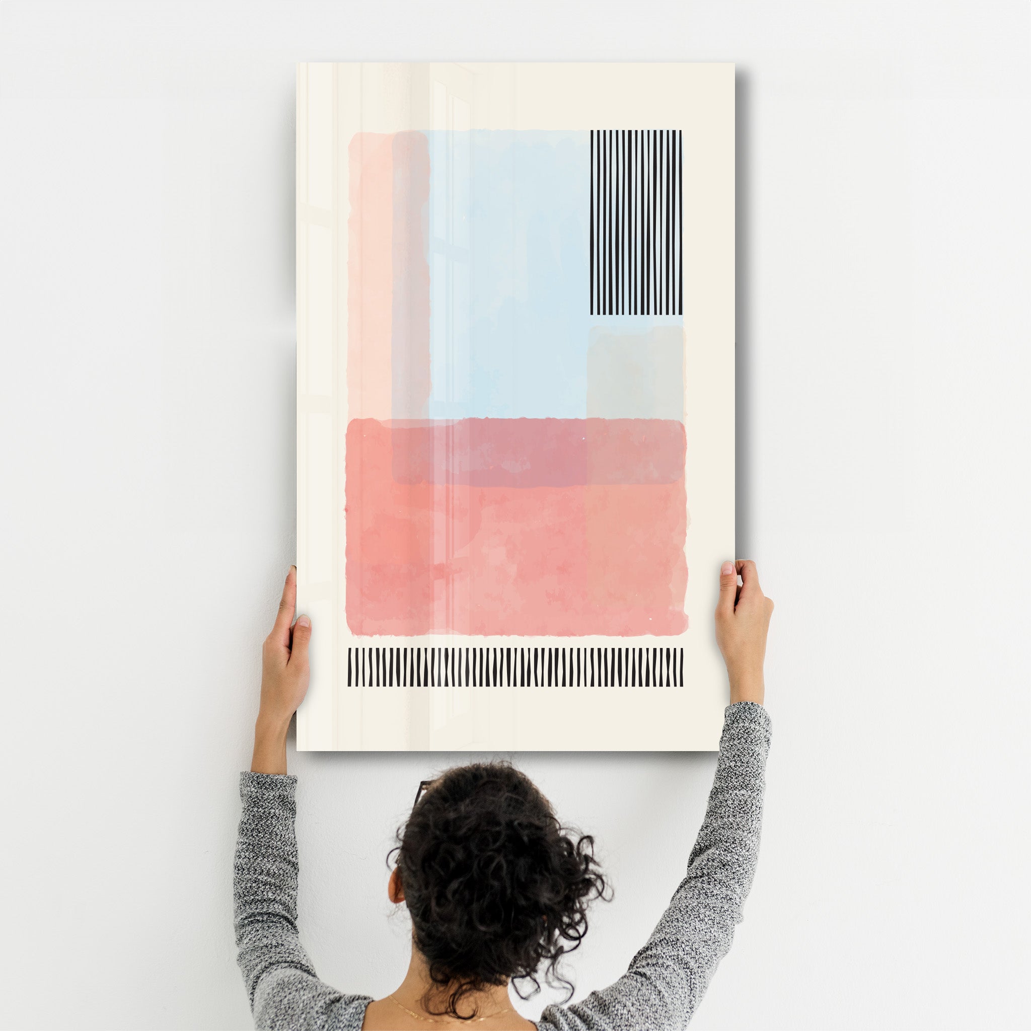 Pastel Layered Blocks with Linear Accents - Glass Wall Art