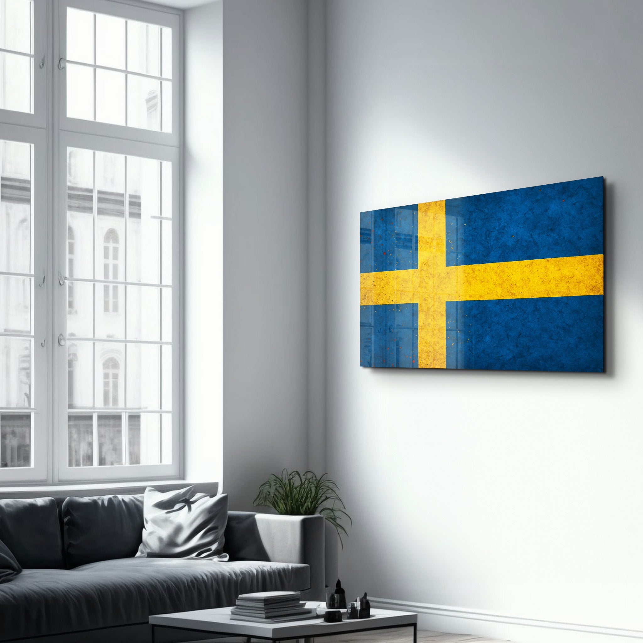 Sweden Flag Splash glass wall art by Artdesigna featuring a vibrant blue and yellow design on clear glass.