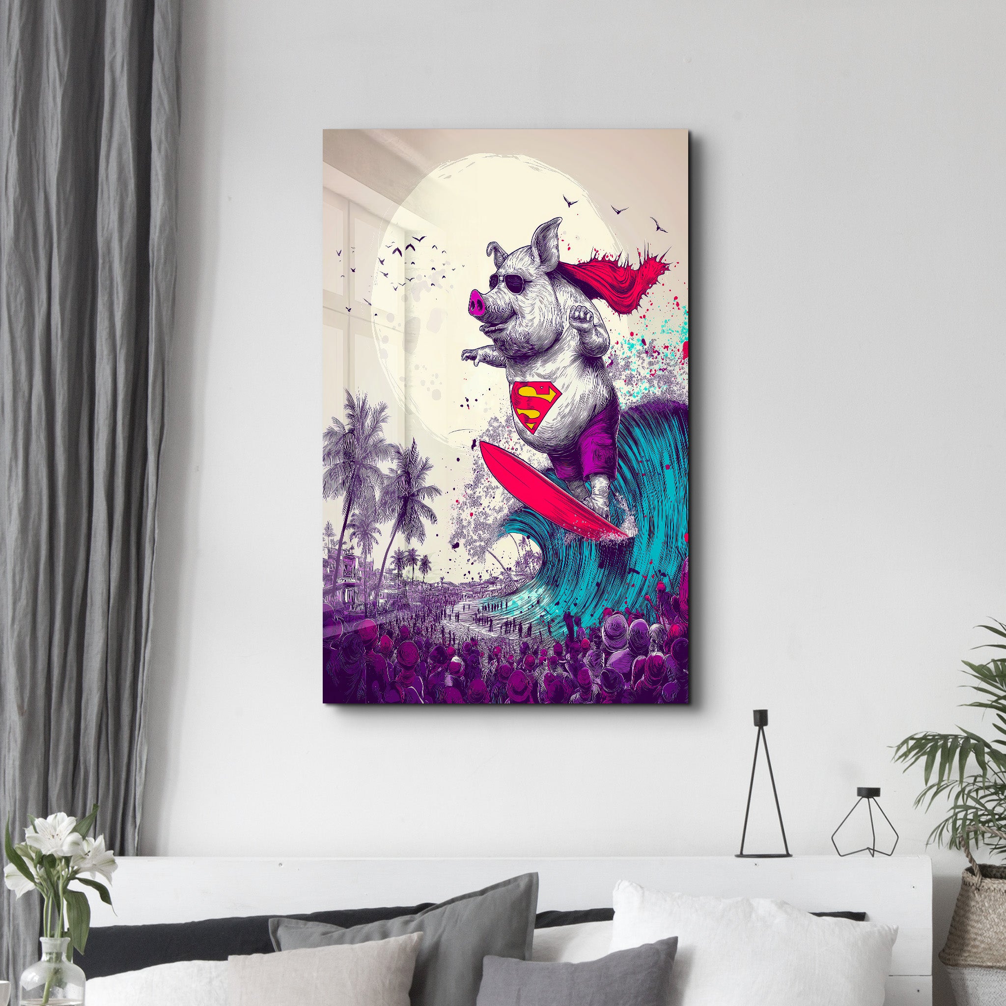 The Swine Surfer – Glass Wall Art