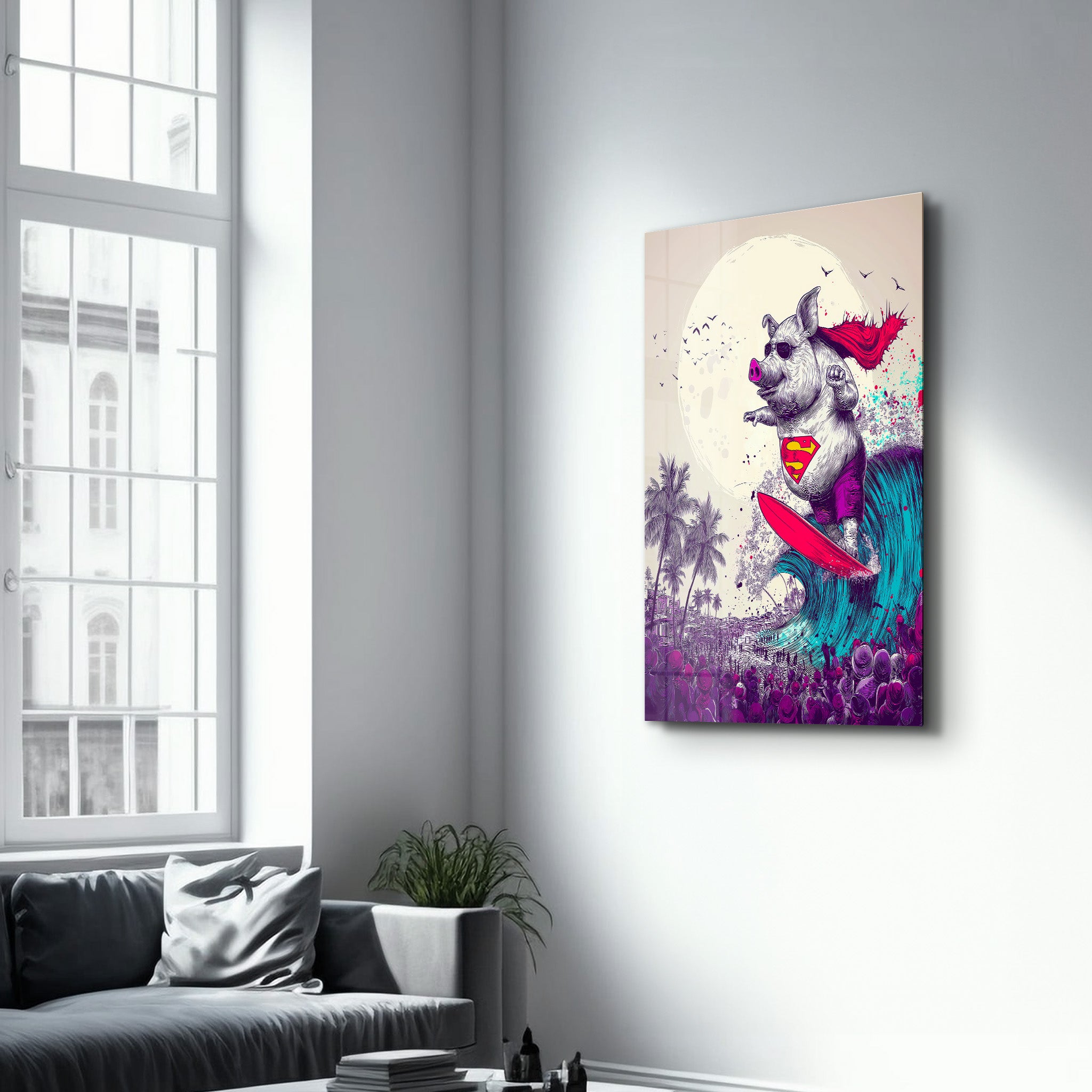 The Swine Surfer – Glass Wall Art