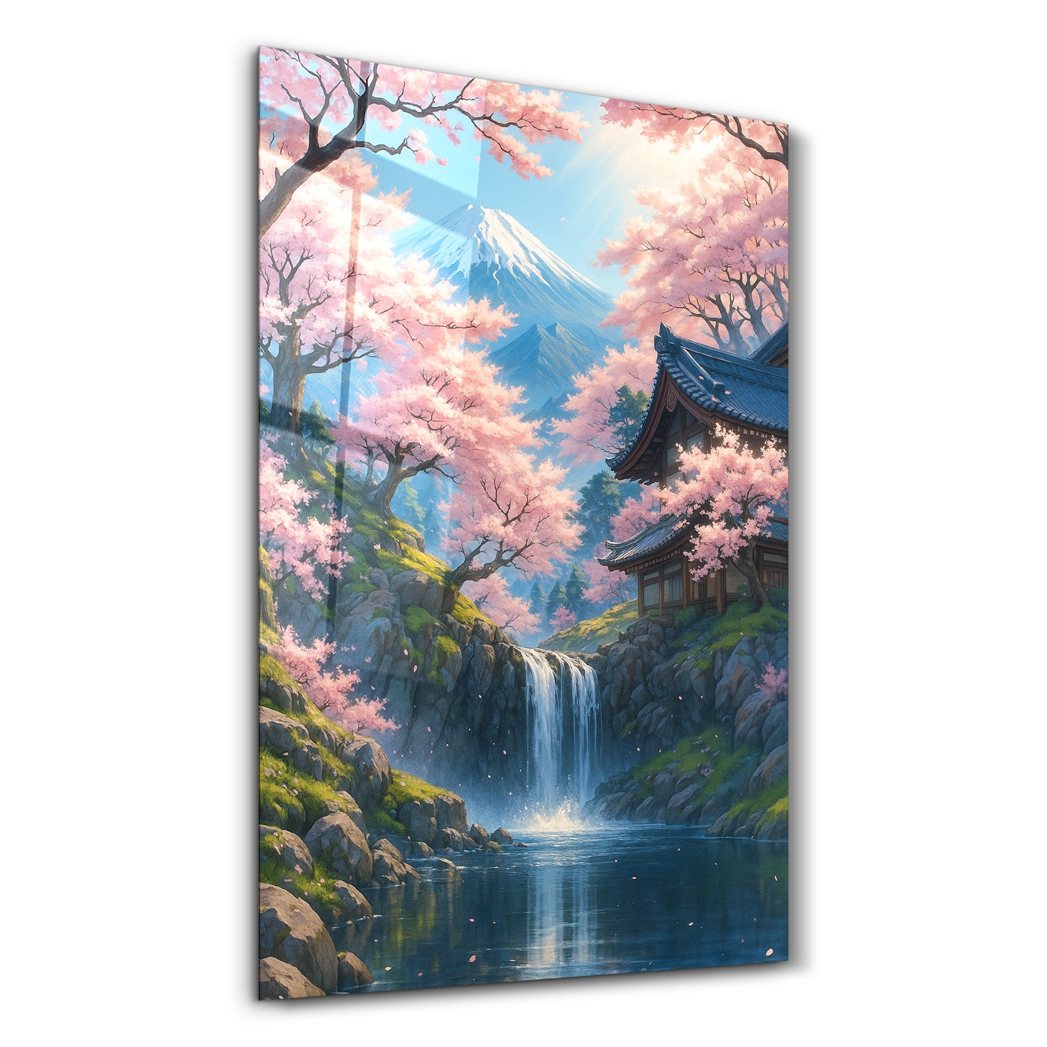 Tranquil Sakura Falls – Glass Wall Art