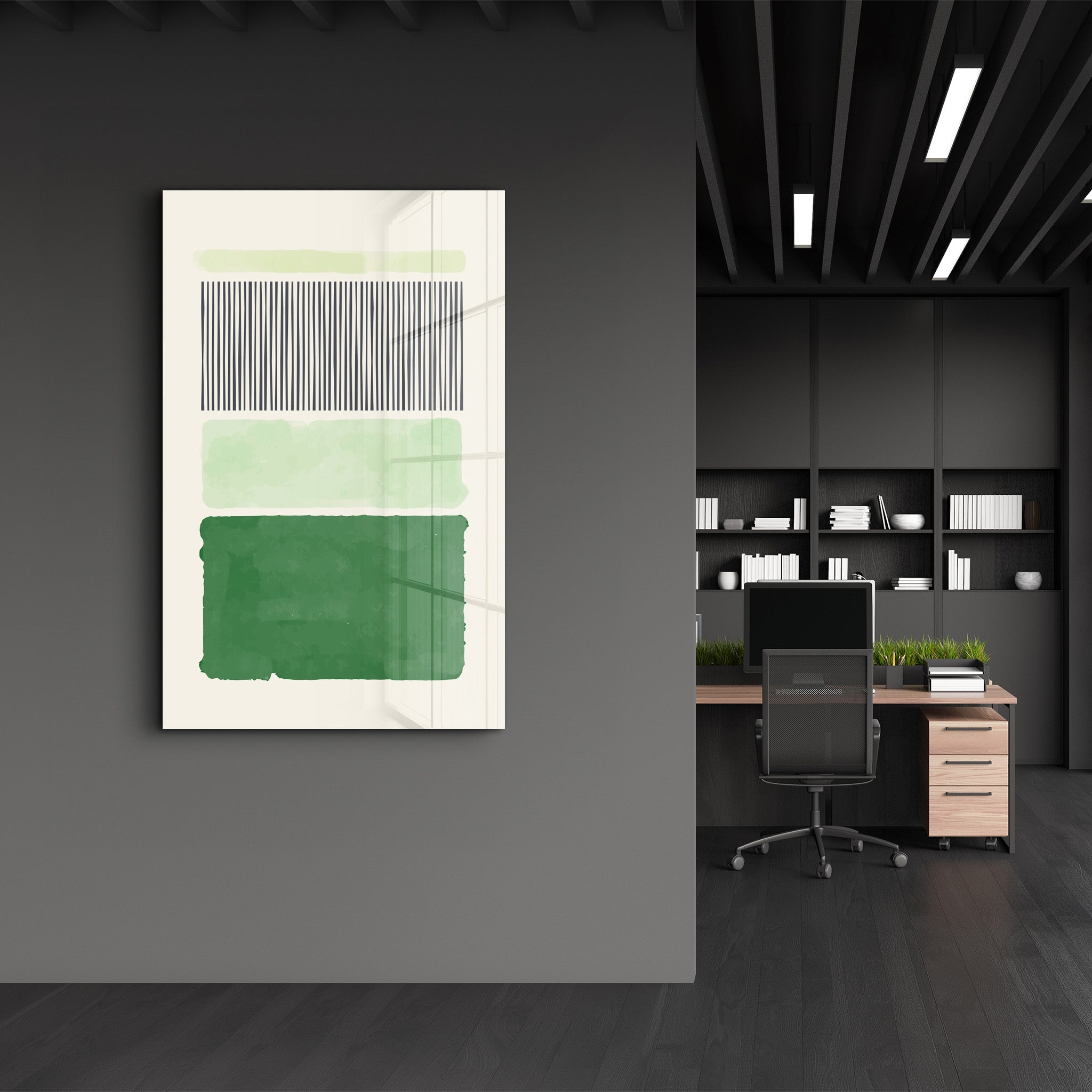 Vertical Lines & Green Blocks - Glass Wall Art