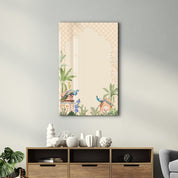 Glass wall art titled "Whispers of the Courtyard" by Artdesigna, featuring intricate glass design suitable for modern interior decor.