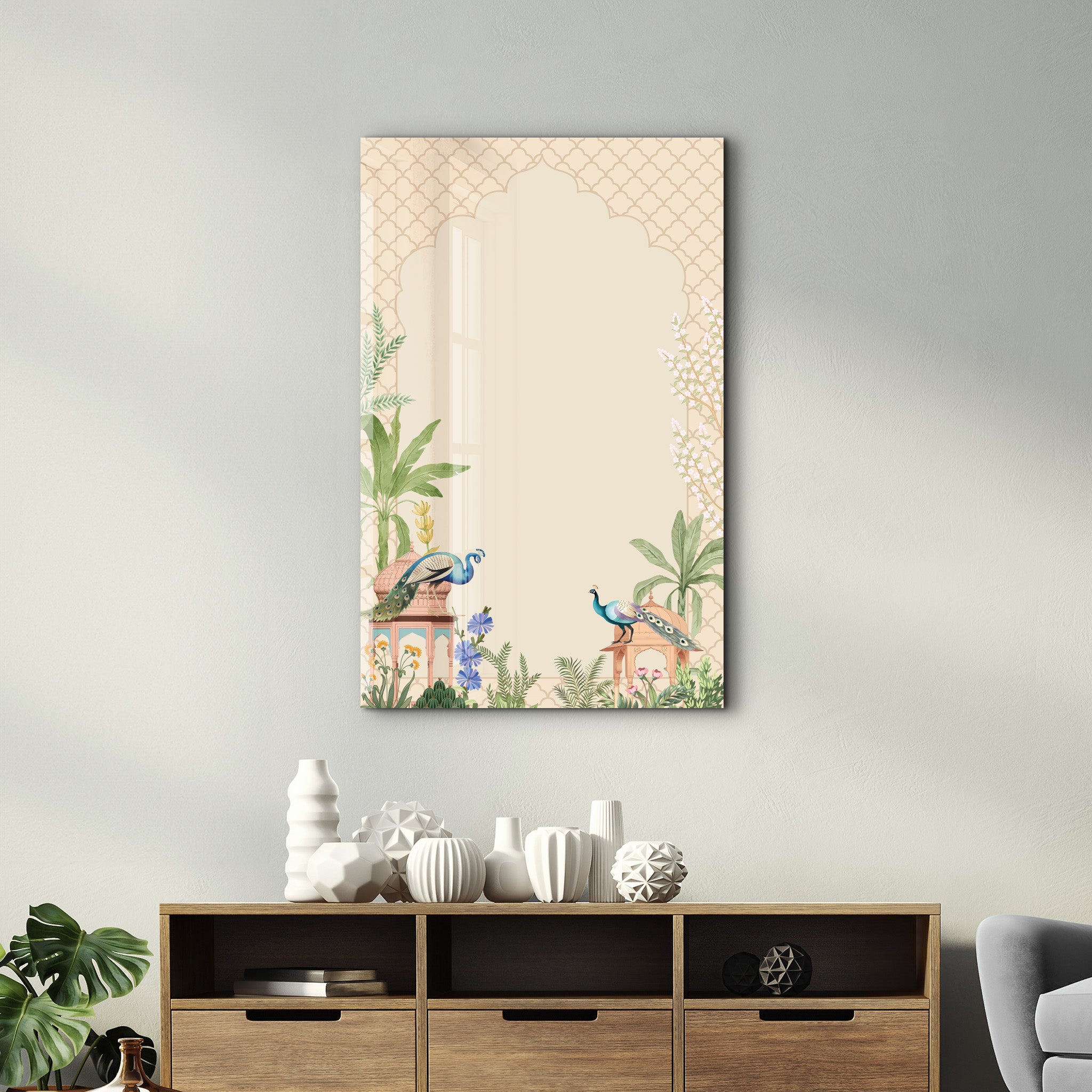 Glass wall art titled "Whispers of the Courtyard" by Artdesigna, featuring intricate glass design suitable for modern interior decor.