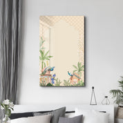 Glass wall art by Artdesigna titled "Whispers of the Courtyard" featuring a serene courtyard scene on clear glass.